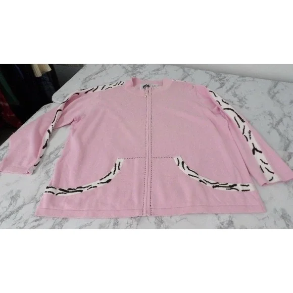 New Storybook Knits Sweater Full Zip Cardigan Pink Zebra Sequin Women's Size 2X - Picture 3 of 13